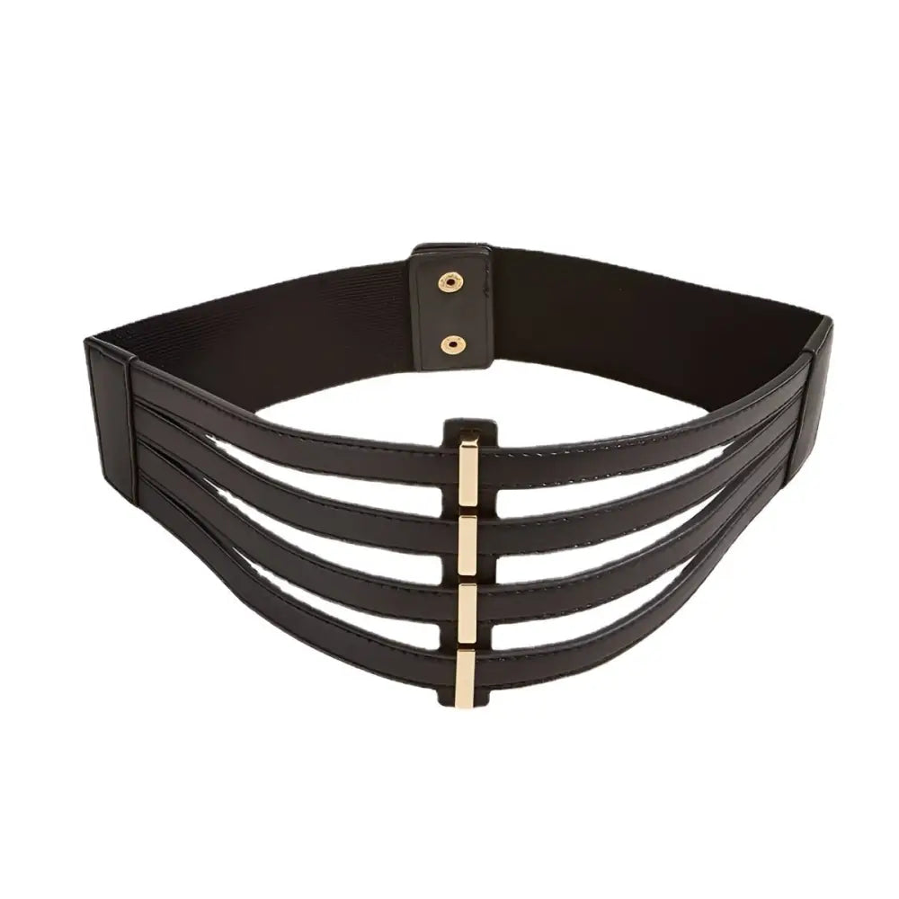 Black faux leather waist belt with elastic design and gold accents for stylish attire