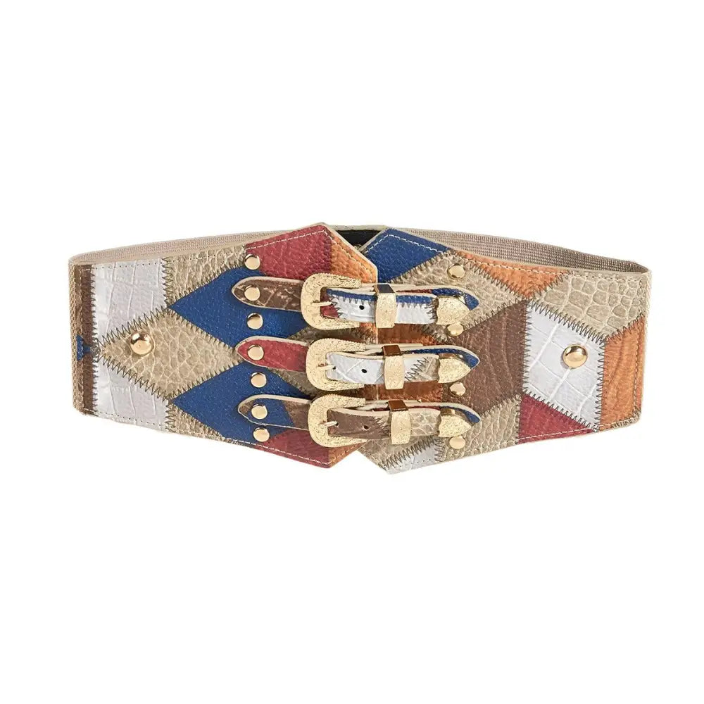 Colorful patchwork elastic belt with gold buckles for a stylish accessory