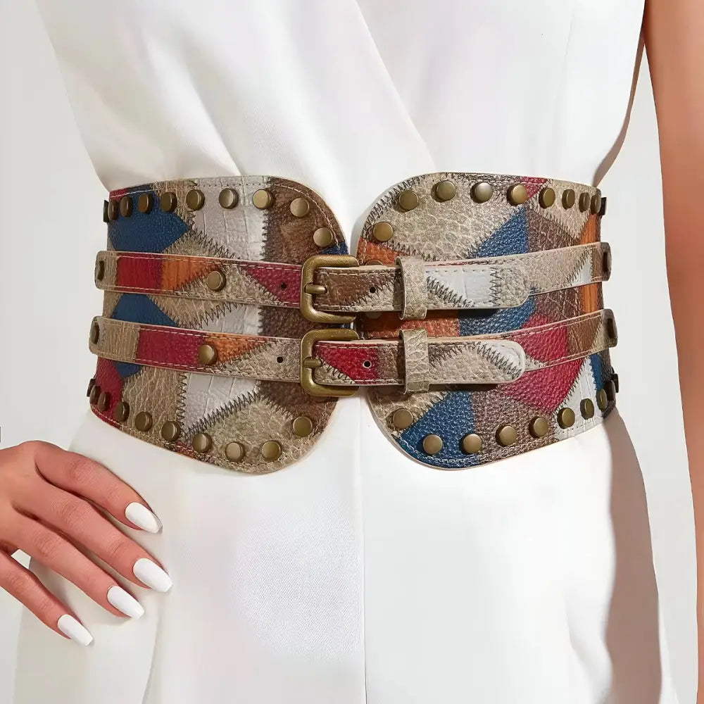 Colorful patchwork belt with gold double buckles and stud accents for fashionable style