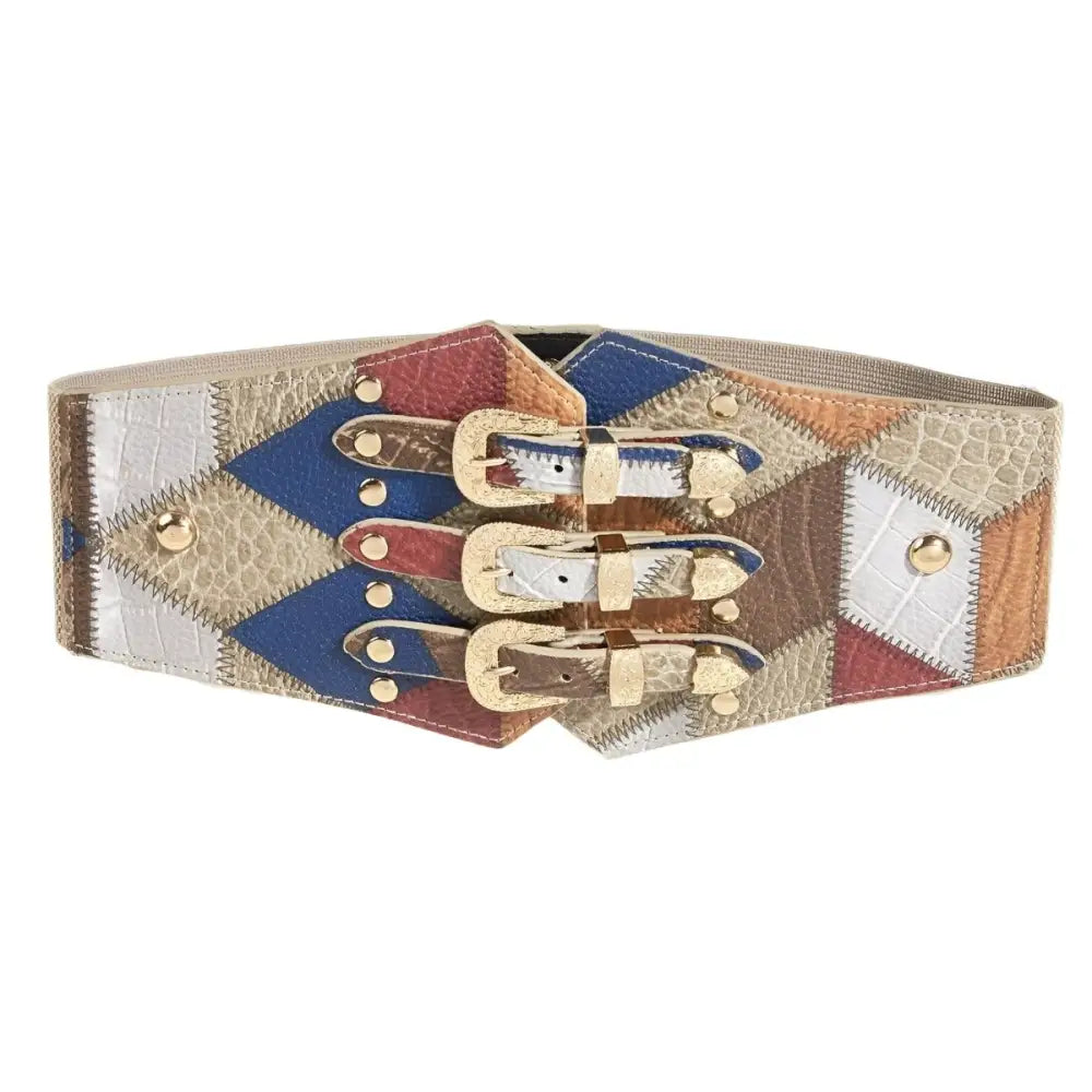 Colorful patchwork belt with gold buckles displayed on a product