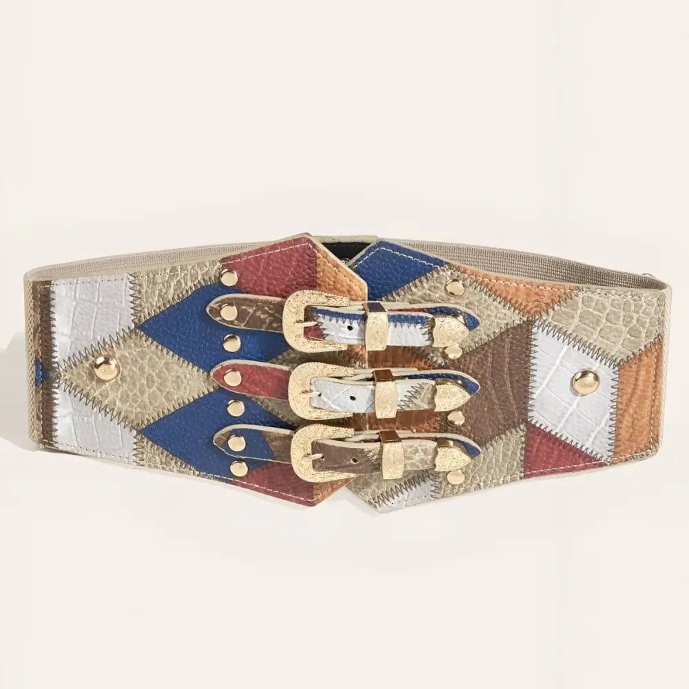 Colorful patchwork elastic belt with gold buckles for stylish fashion accessories