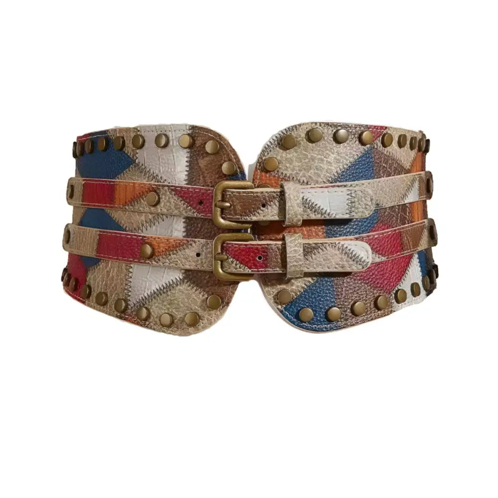 Colorful patchwork leather belt with gold buckles and studs for fashionable accessories