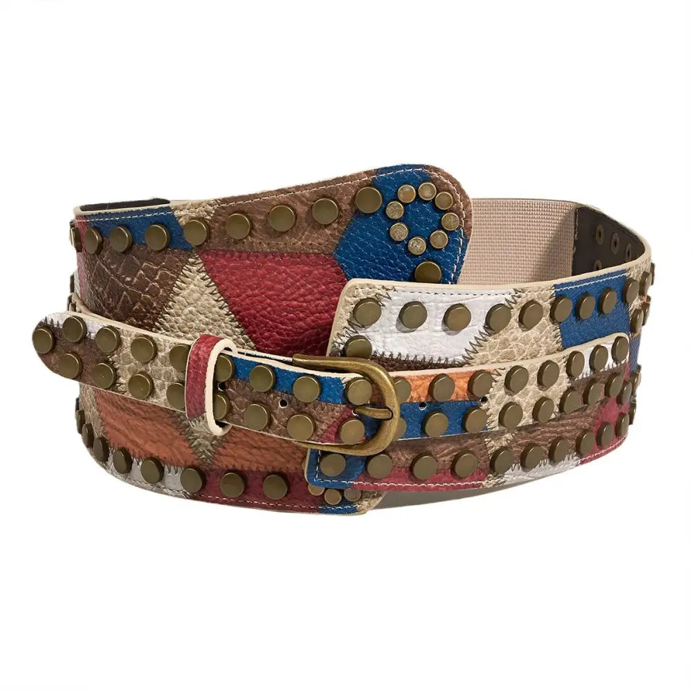 Patchwork leather pink belt with studs for XXL sizes, stylish XXL pink belt accessory