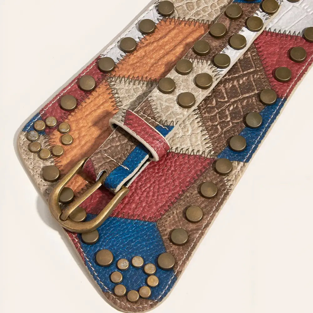 Colorful studded patchwork pink belt for XXL sizes, stylish XXL pink belt accessory