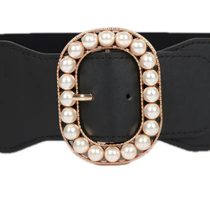 Black belt featuring an Edmée pearl-filled buckle from the Edmée Pearl Filled Buckle Belts collection
