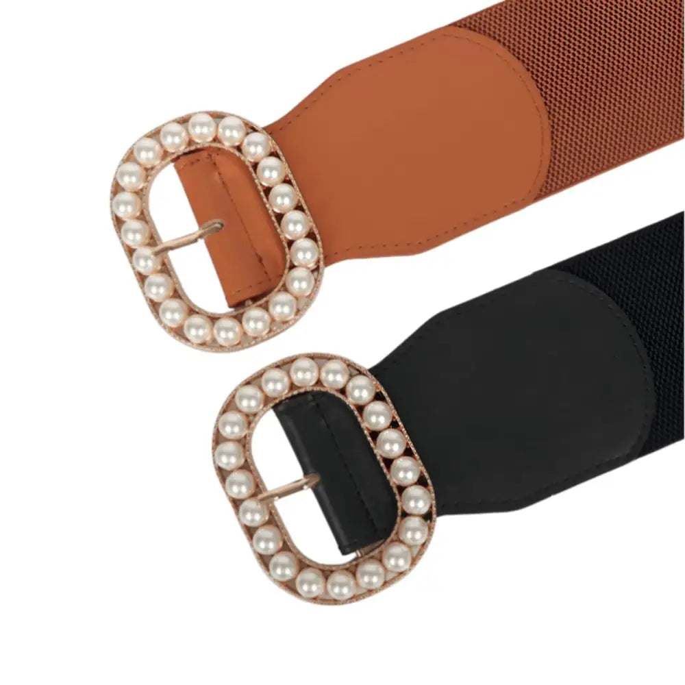 Elegant Edmée Pearl-Filled Buckle Belts in Black and Brown with pearl-studded buckles