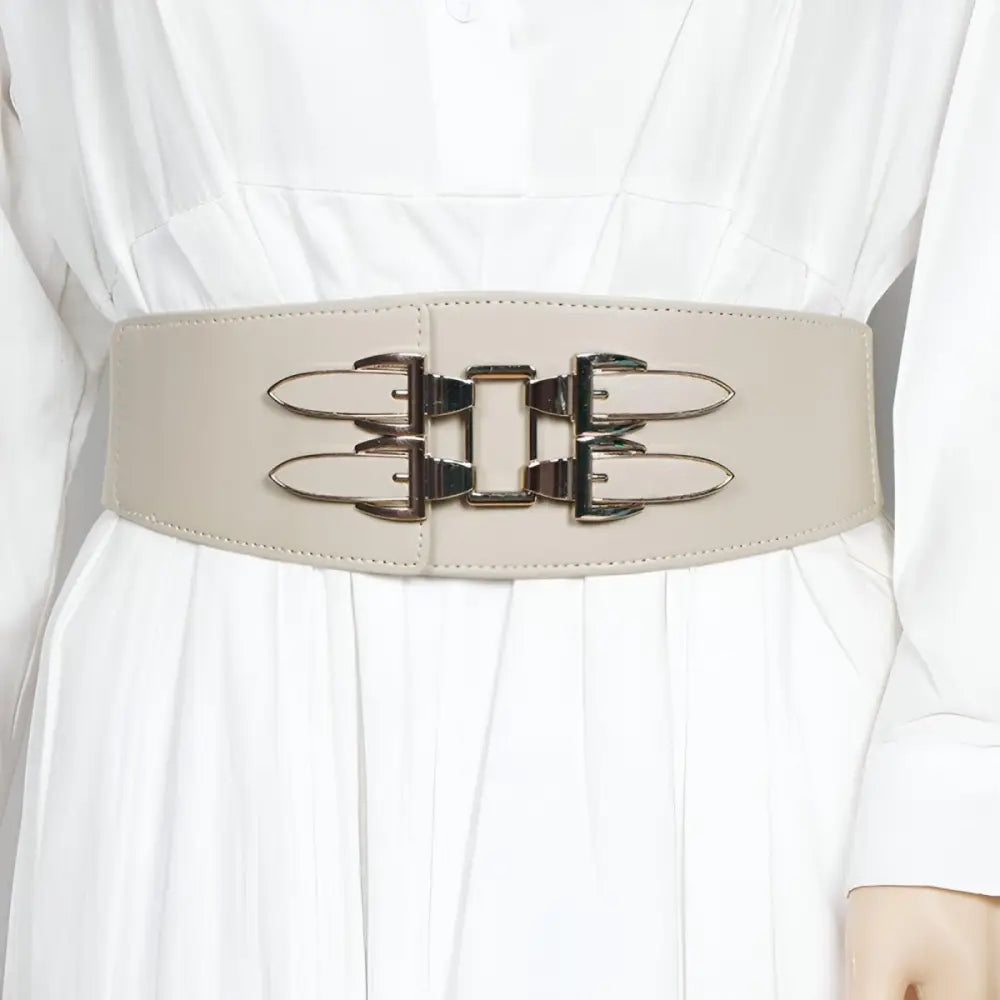 Wide beige belt with metal buckle suitable for large XXL and extra large waist sizes