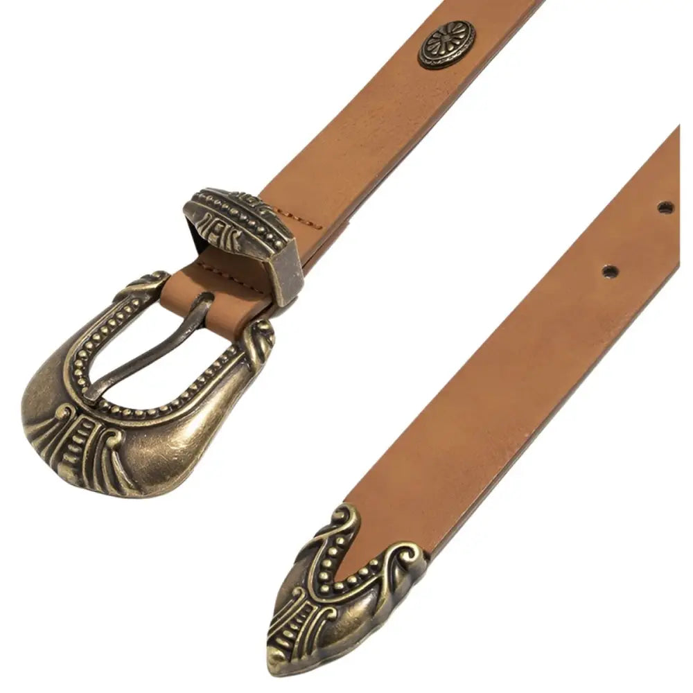 Tan leather belt featuring an ornate antique brass buckle with decorative accents