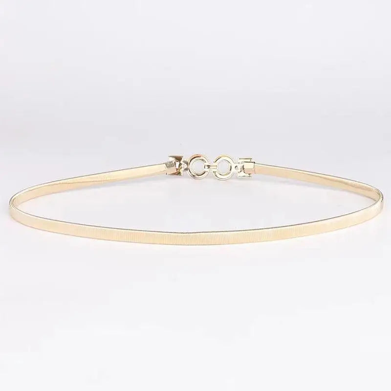 Gold-colored metal belt featuring a circular interlocking circle buckle for elegant style