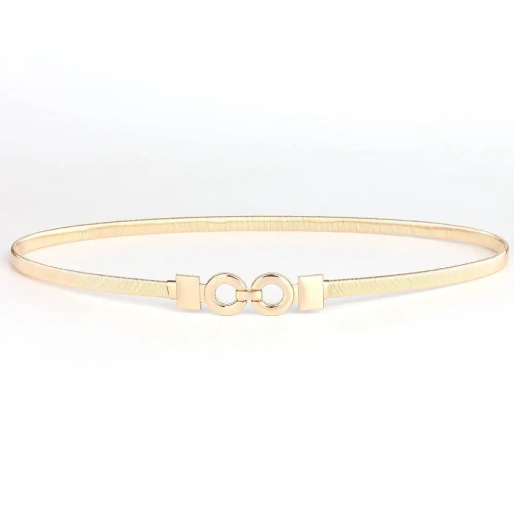 Gold-colored metal belt with interlocking circle buckle for elegant style and gold belt accessory