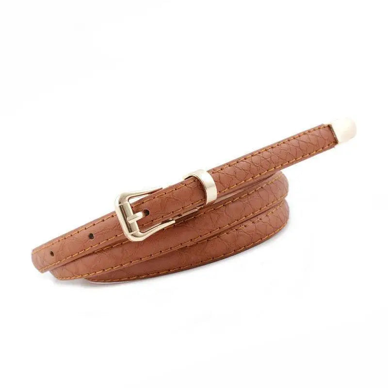 Agata Belt featuring textured brown faux leather and gold buckle for elegant style