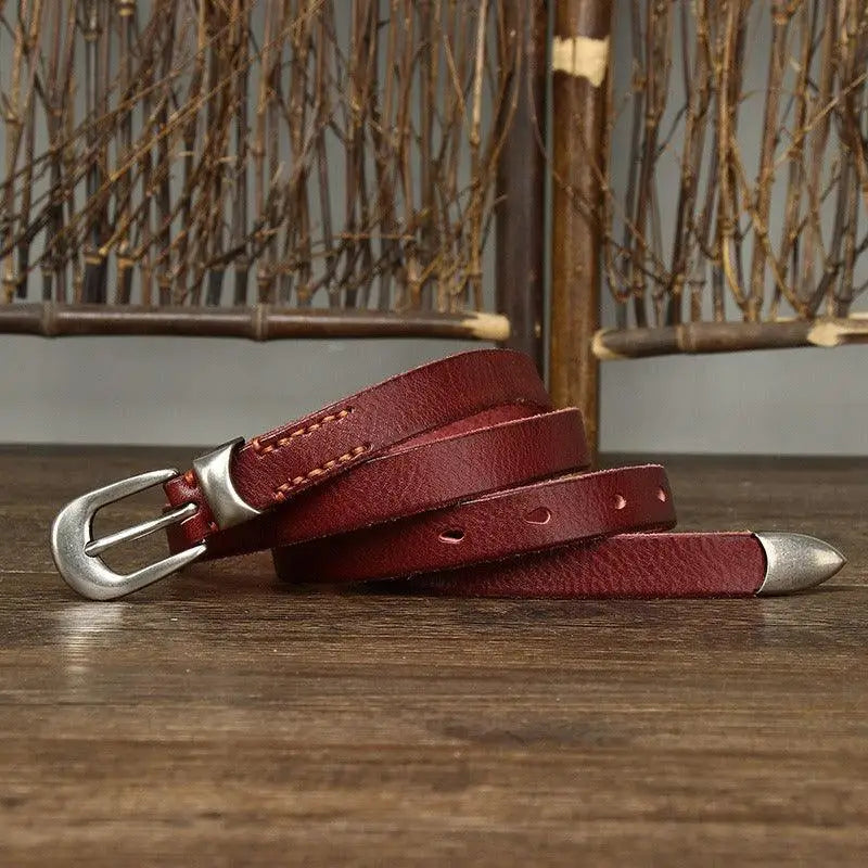 Genuine Burgundy Leather Belt with Silver Buckle and Tip for Elegant Style