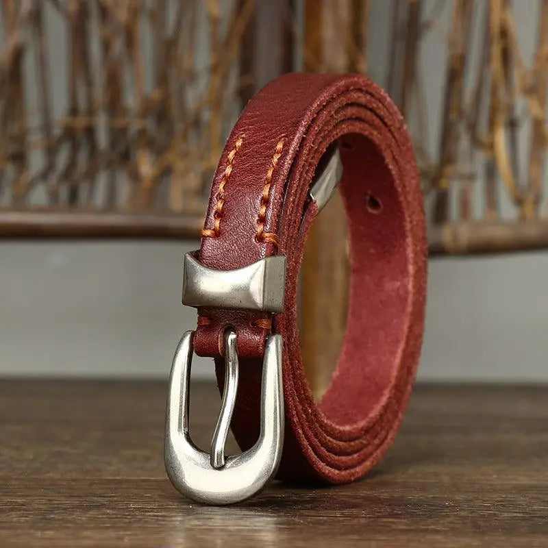 Genuine leather belt with silver buckle available in Burgundy Brown and Red options