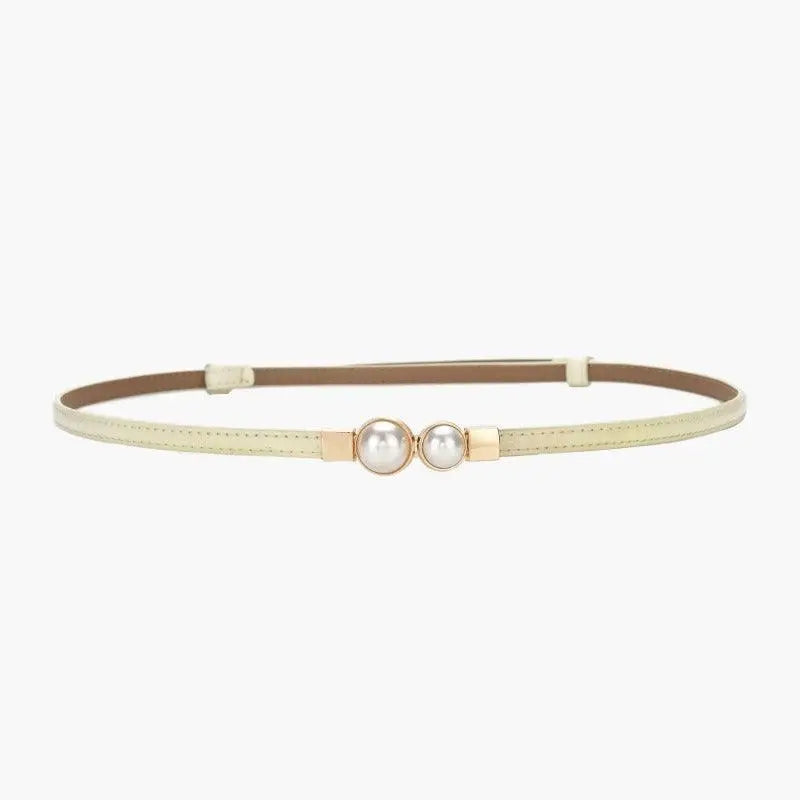 Women’s slim leather belt with pearl accents, stylish mint and colorful options