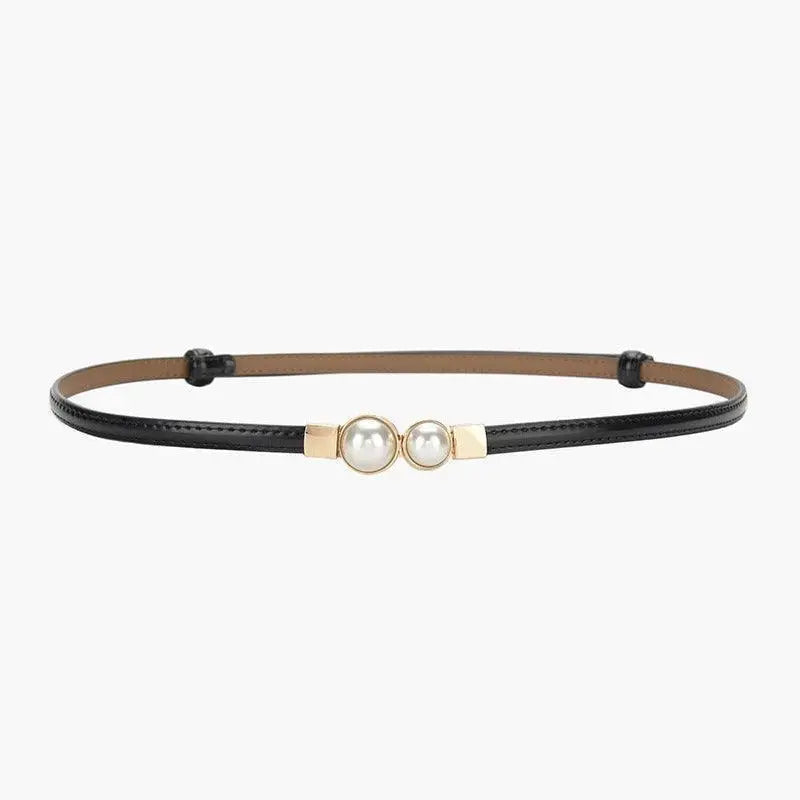 Black belt with pearl embellishments from Women’s Slim Leather Belt with Pearl Accents collection