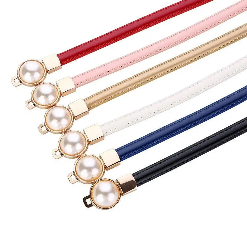 Colorful women’s slim leather belt with pearl accents and buckles for elegant style