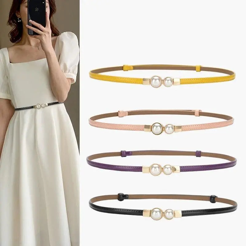 Women’s slim leather belt with pearl accents in mint and colorful styles for women’s slim fashion