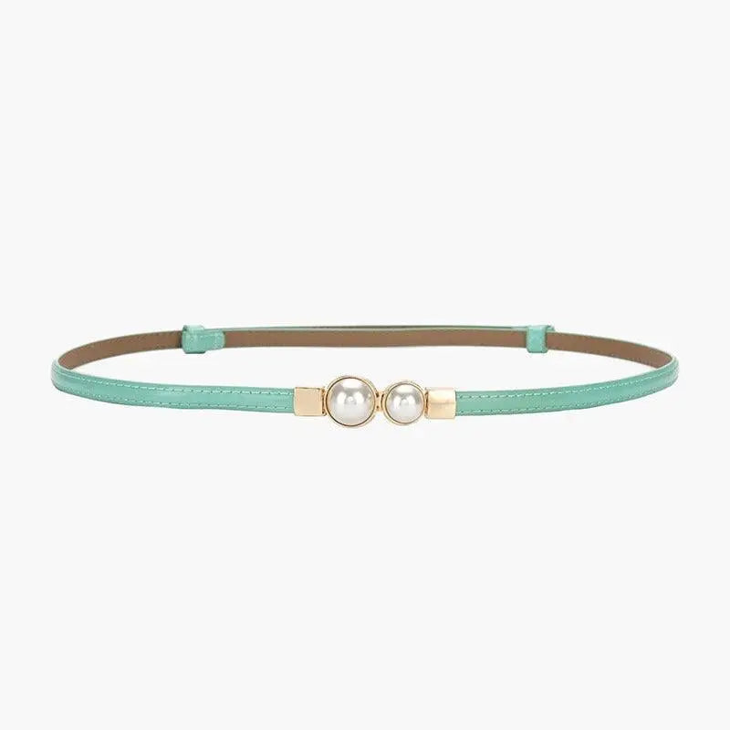 Mint-colored women’s slim leather belt with pearl accents for stylish fashion accessories