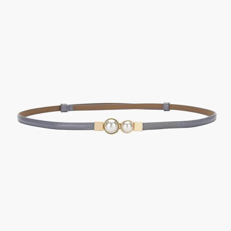Gray women’s slim leather belt with pearl accents for elegant style
