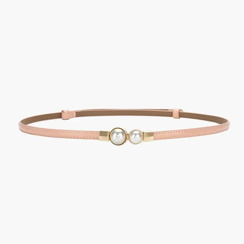 Pink faux leather women’s slim belt with pearl accents in Mint and colorful styles