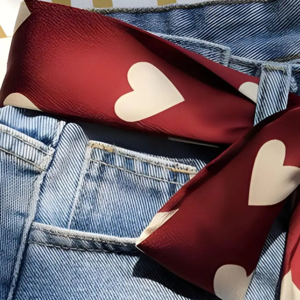 Blue jeans paired with a burgundy scarf featuring white hearts for stylish wear