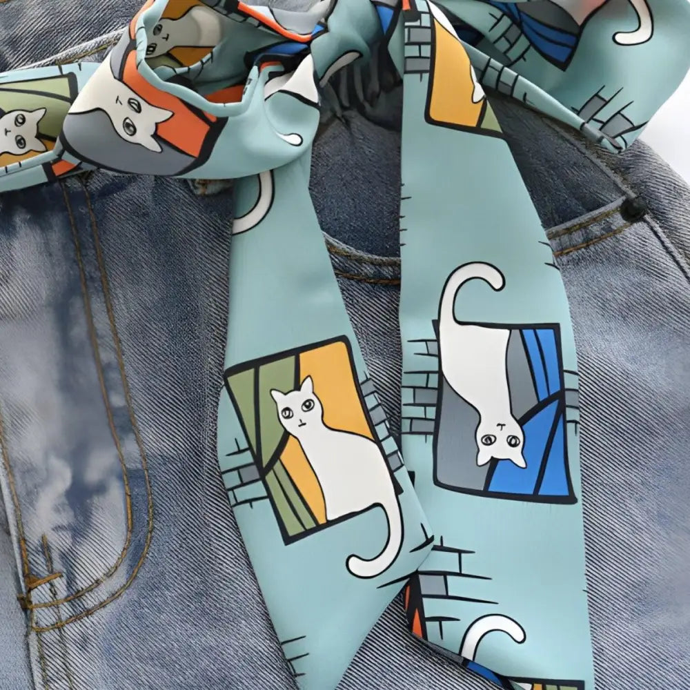 Blue cat-patterned Eutalia scarf belt for denim shorts, stylish Eutalia scarf accessory
