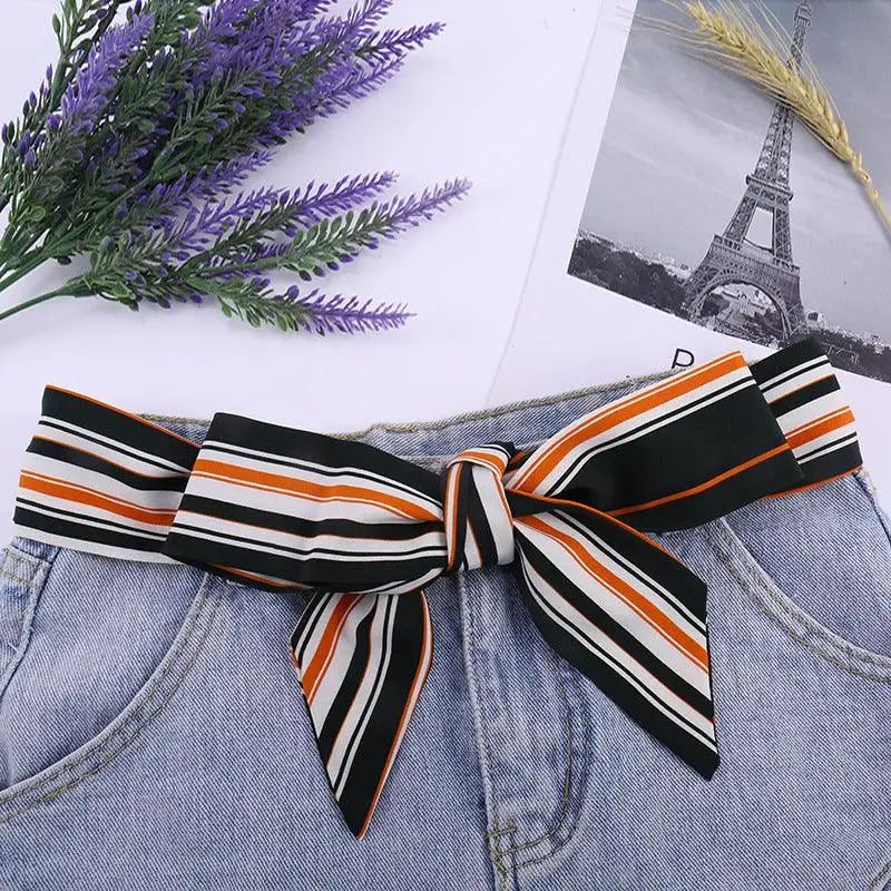 Striped silk scarf belt for denim shorts showcasing a stylish scarf belt accessory