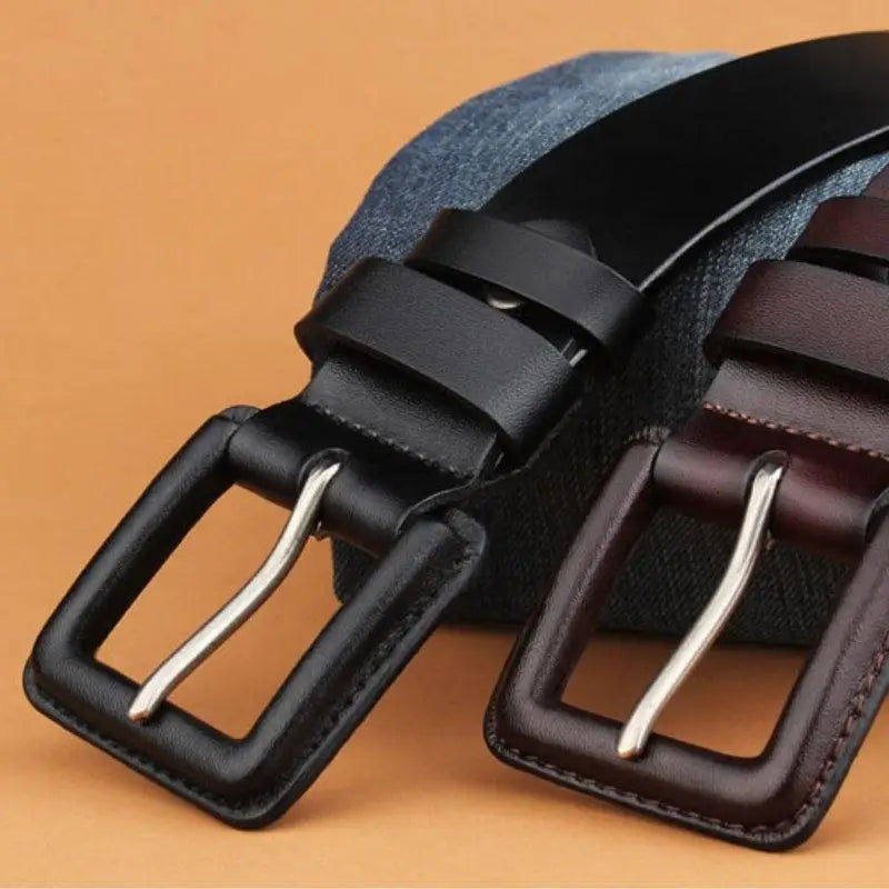 Leather belt with metal square buckle in brown and maroon colors for men’s fashion