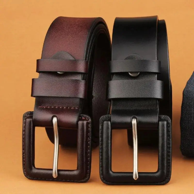 Leather belt image showcasing two brown and maroon leather belts with square buckles