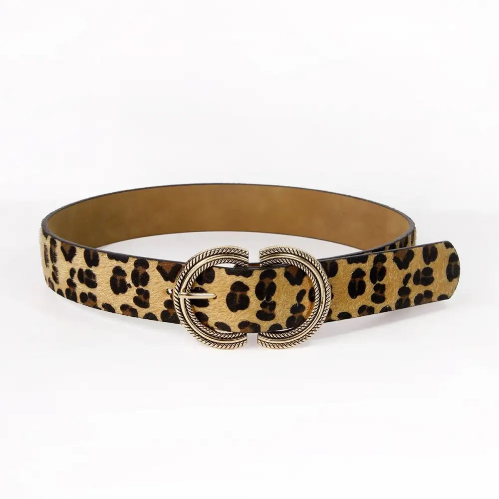 Agu belt featuring leopard print design with decorative gold or silver buckle for stylish accessories