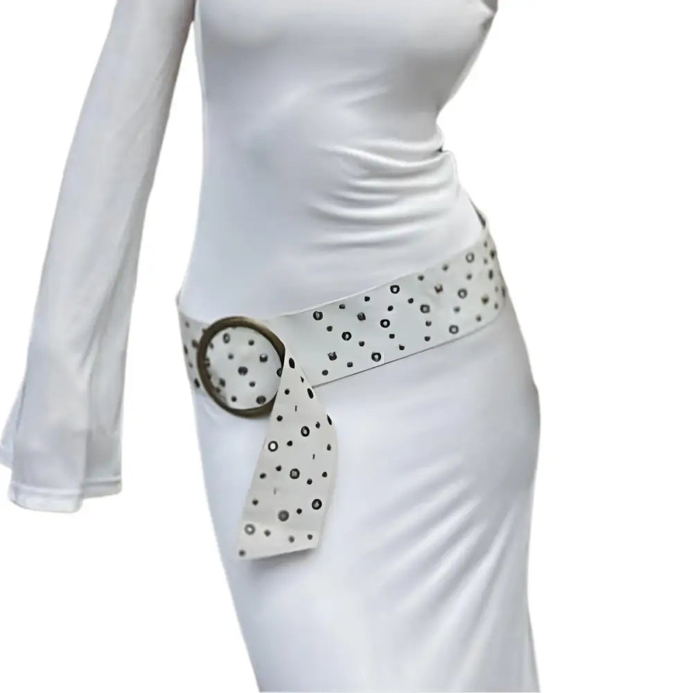 White dress with patterned Lou Belt from the Studded and Leather Belts Collection