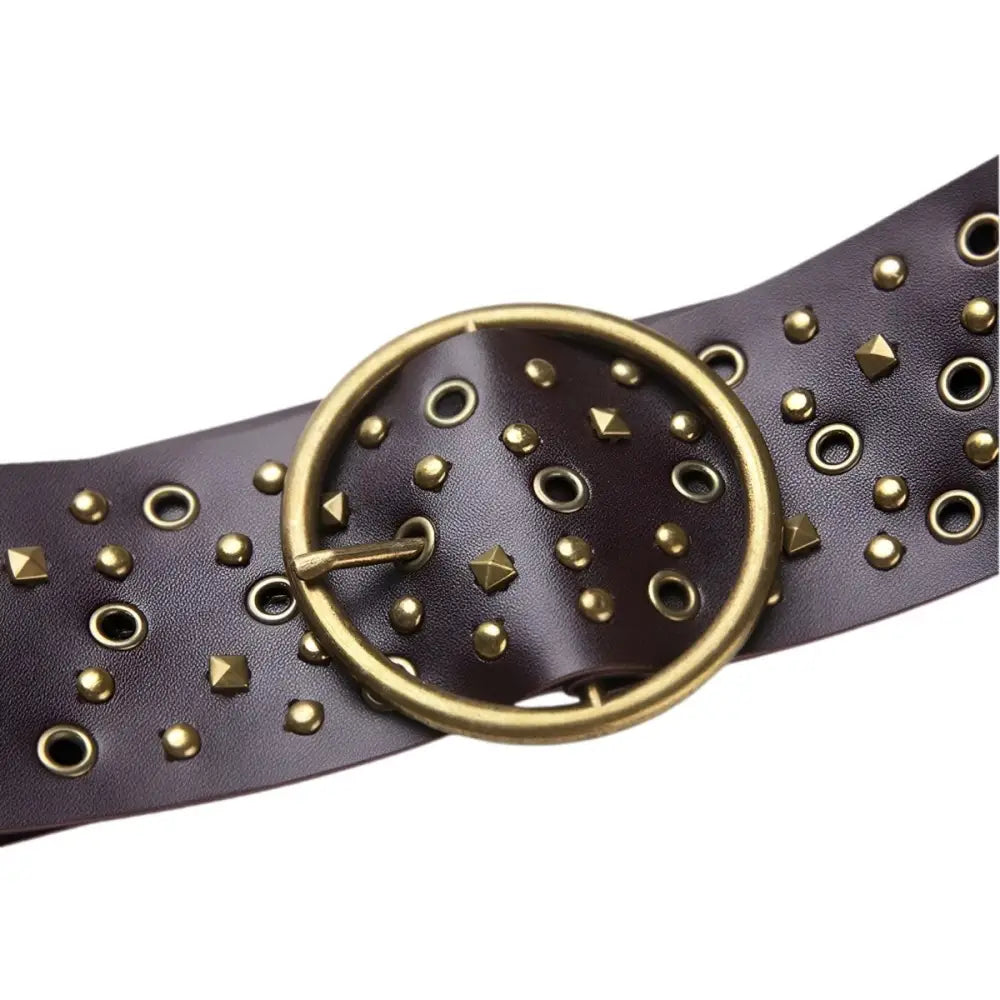 Brown studded leather belt with circular buckle from Lou Belt Collection