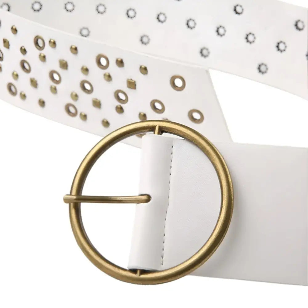 White Lou Belt with gold buckle and grommets from the Studded and Leather Belts Collection