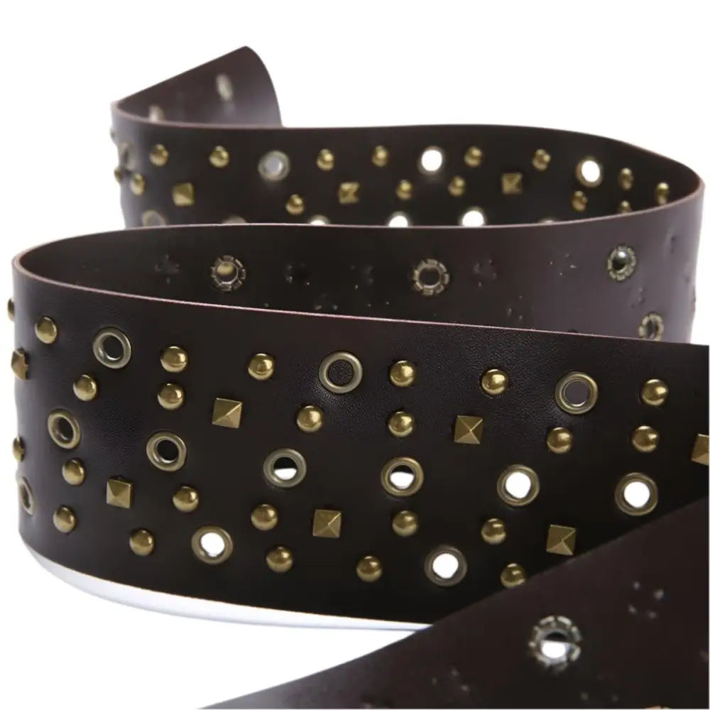 Brown leather belt with metal studs and eyelets from the Lou Belt Collection