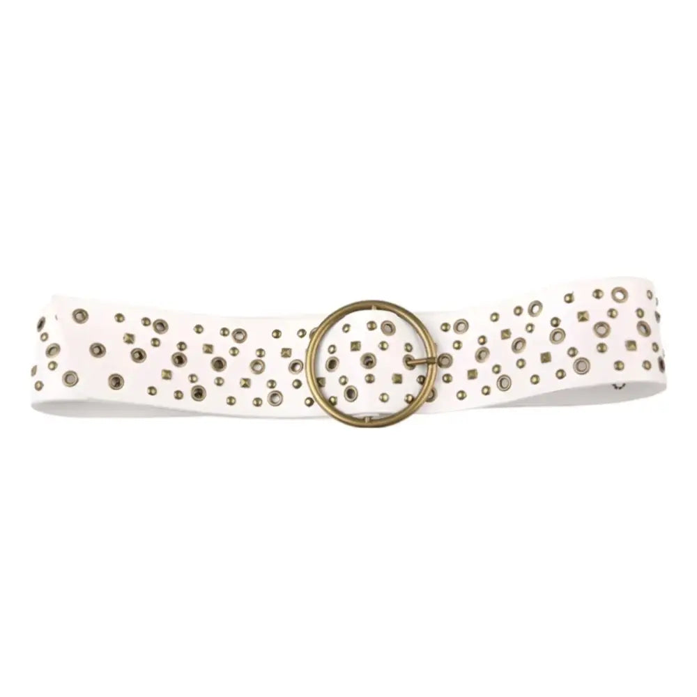 White studded lou belt with circular buckle from the Lou Belt Collection