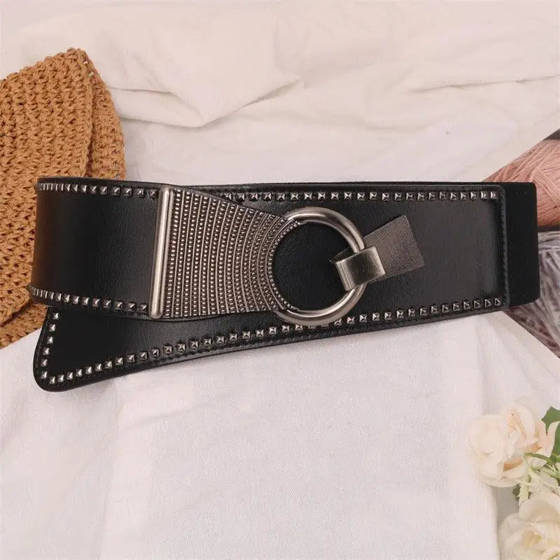 Black studded waist belt with metal ring from the Christina Belt with Studded Leather Design collection