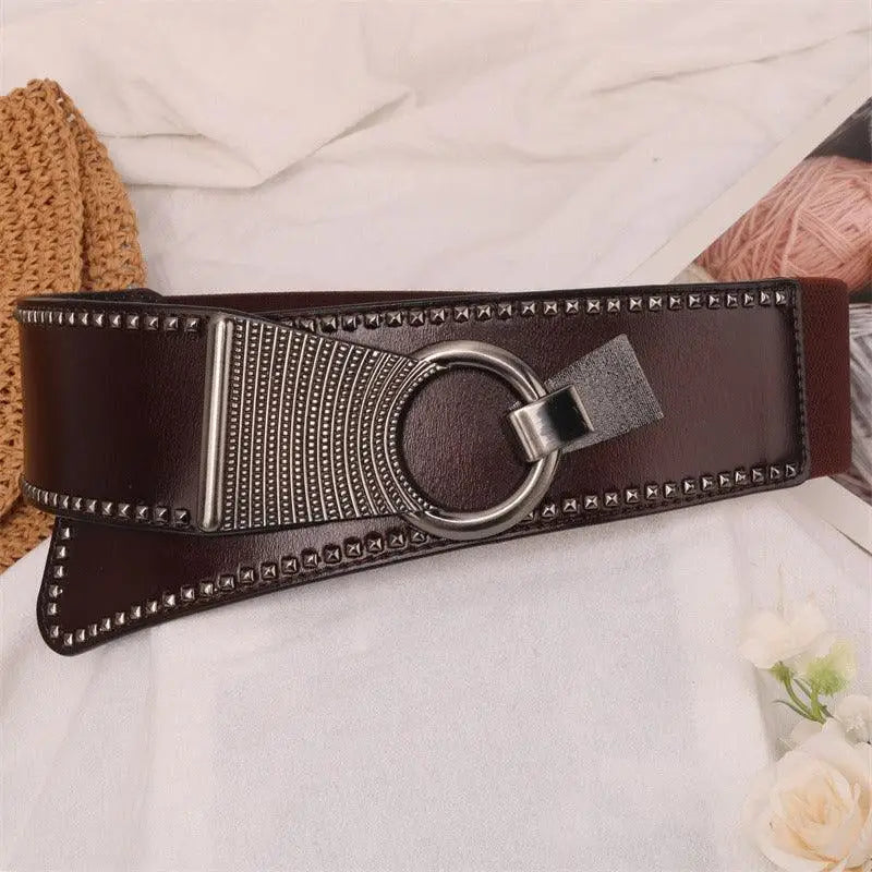 Christina Belt with Studded Leather Design and Circular Metal Buckle