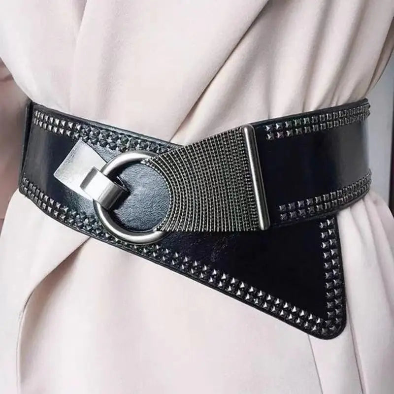 Wide black studded belt from Christina Belt with leather design and metal buckle