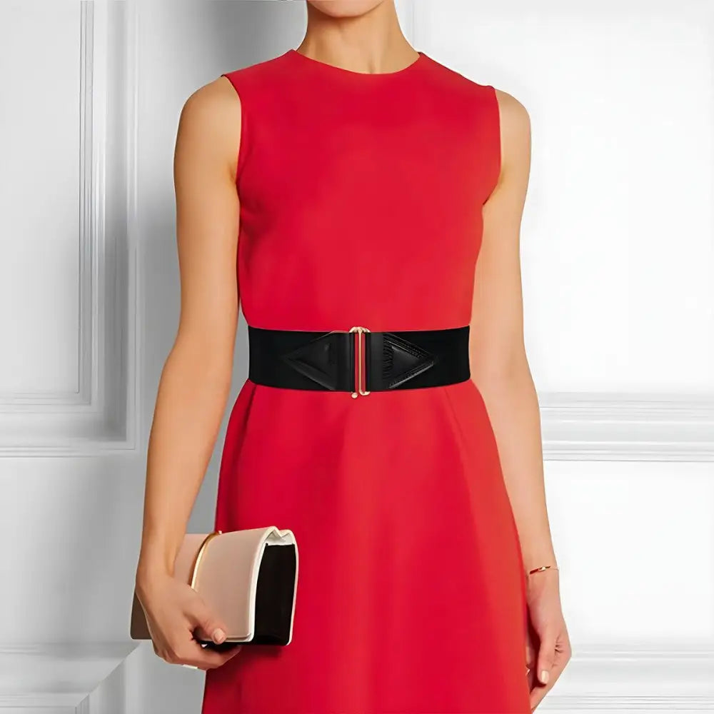 Red dress with Cassandra belt and waist accent for stylish patternless sleeveless fashion