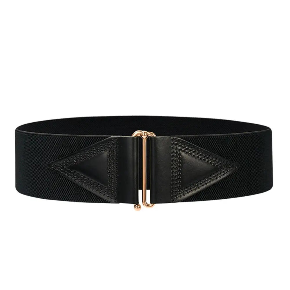 Black elastic waist belt with gold clasp from the Cassandra Belt collection for Dress