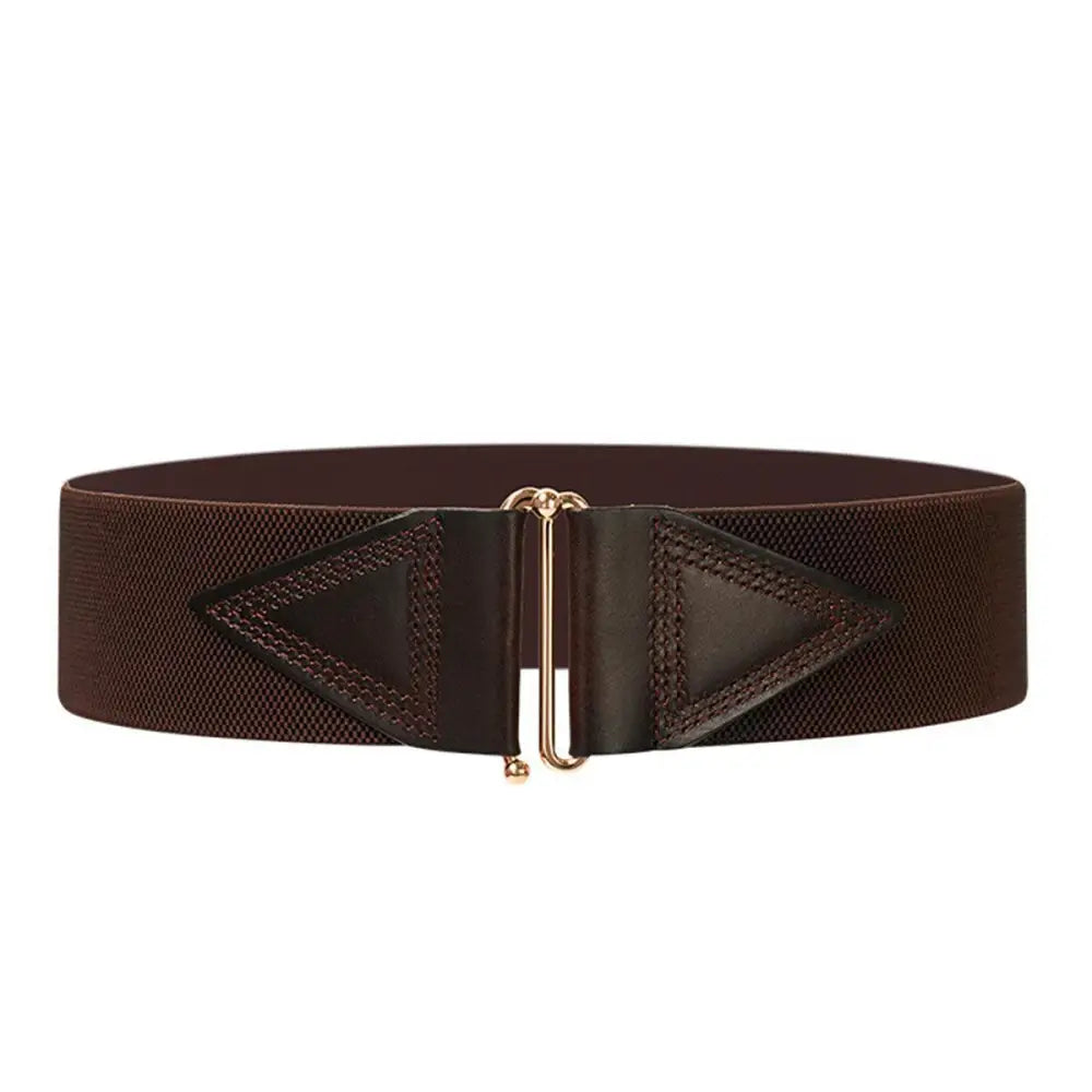 Brown elastic waist belt with gold buckle from Cassandra Belt for dress styling