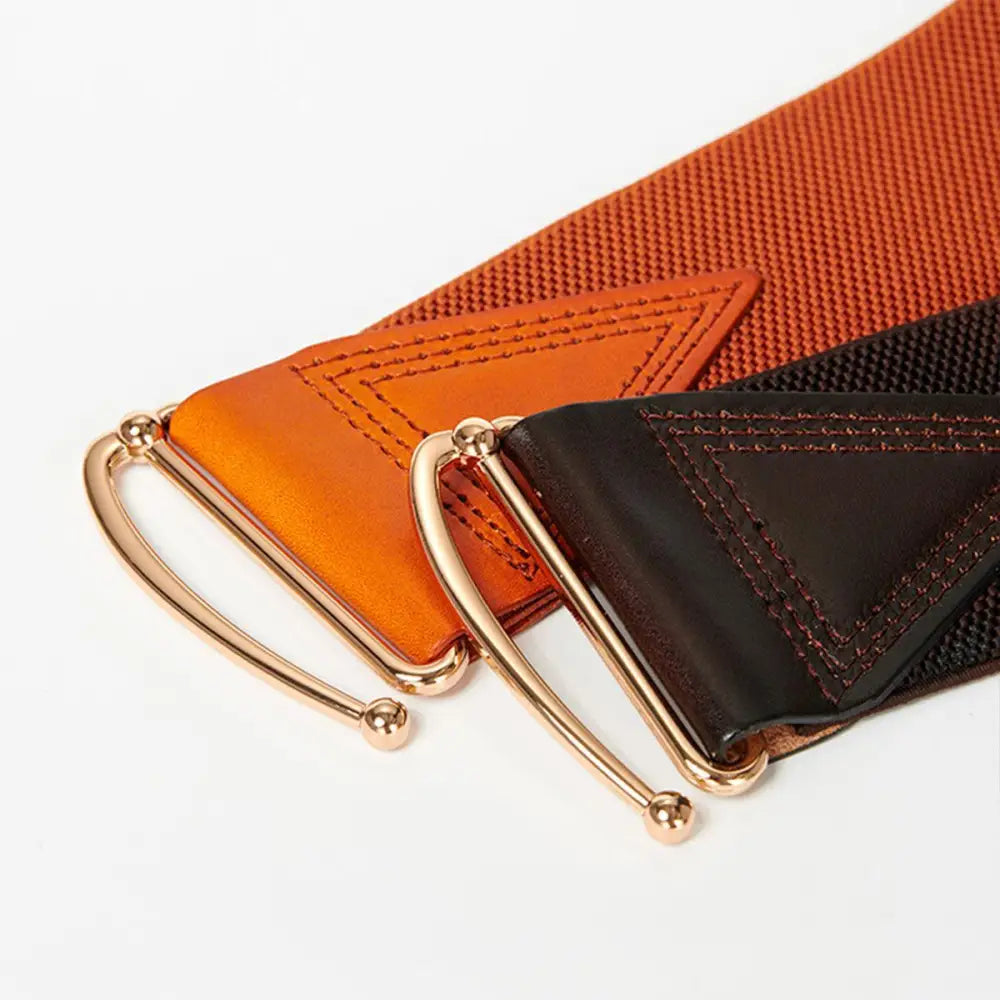 Orange and black elastic belts with gold buckles featuring Cassandra belt for dress accessories