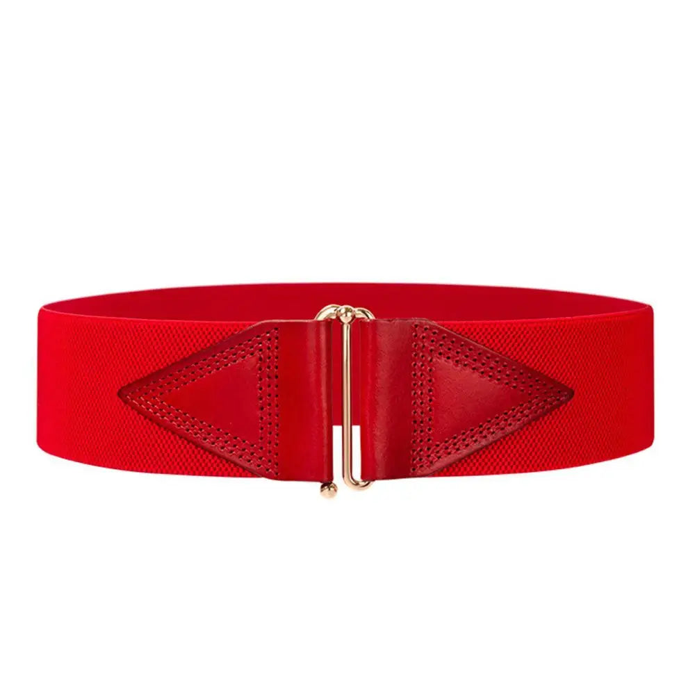 Red elastic waist belt from Cassandra Belt featured with Patterned Sleeveless Dress