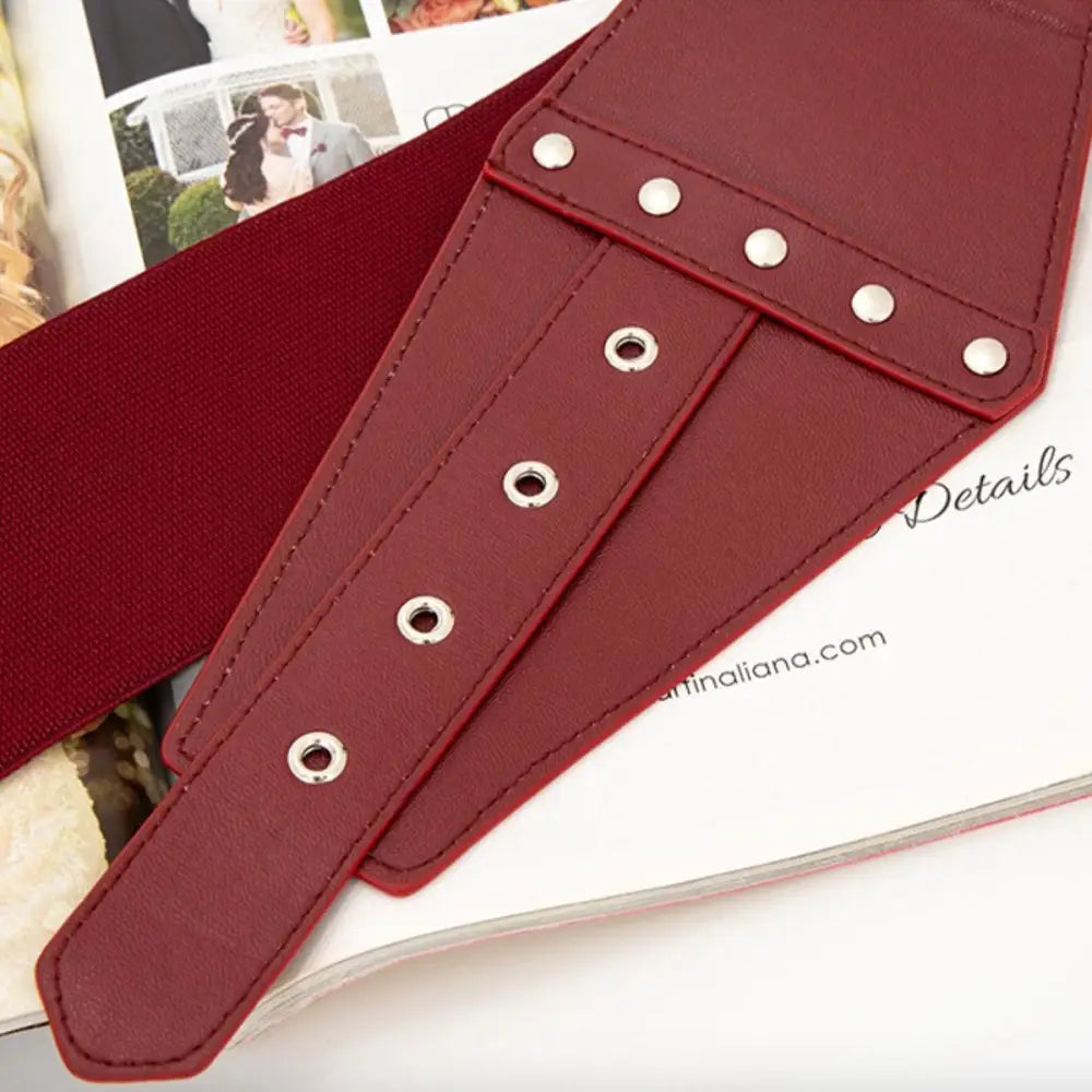 Maroon elastic corset belt from Kirsten Belt Women’s Dresses with wide black corset belt
