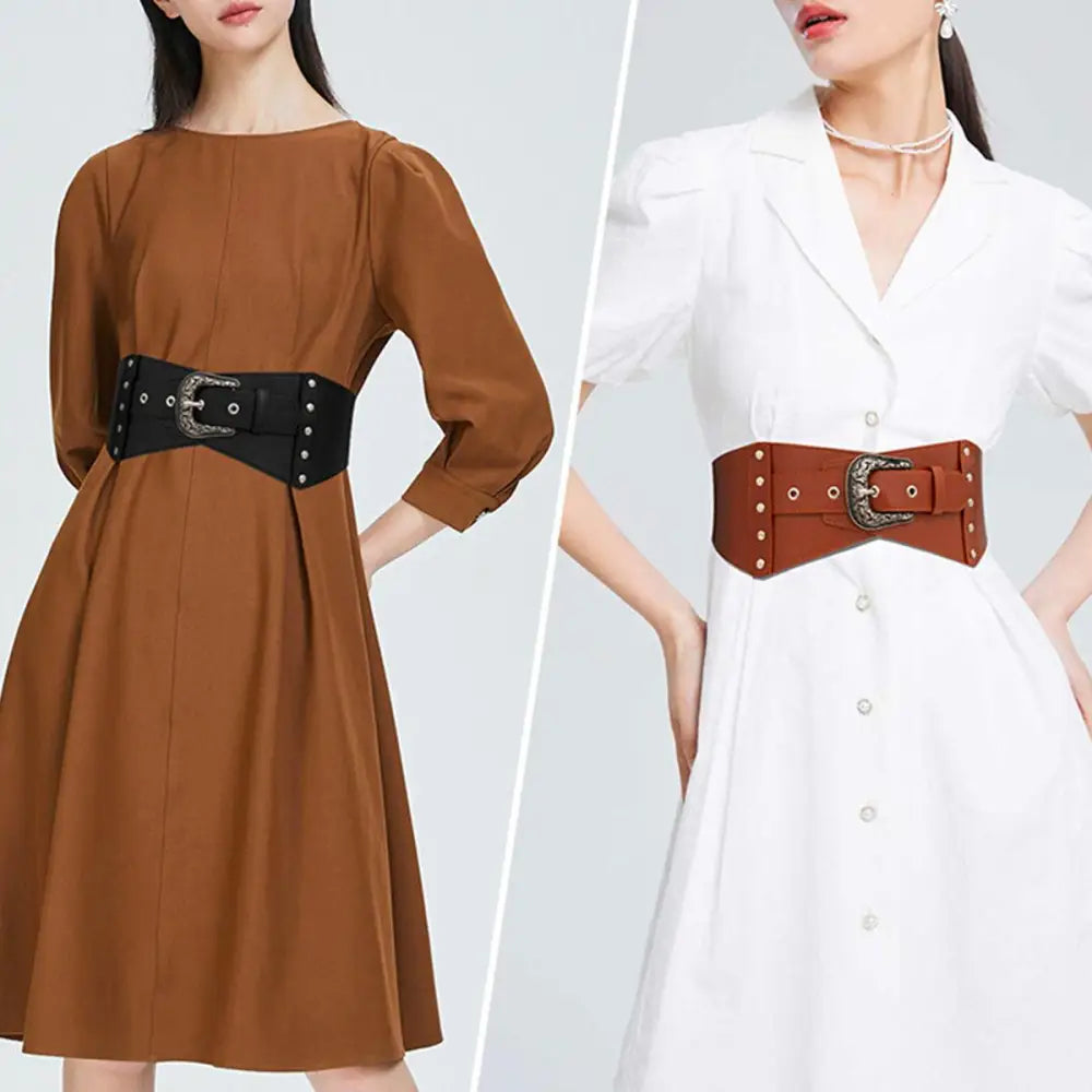 Two women’s dresses with wide belts showcasing the Kirsten Belt Women’s Dresses design