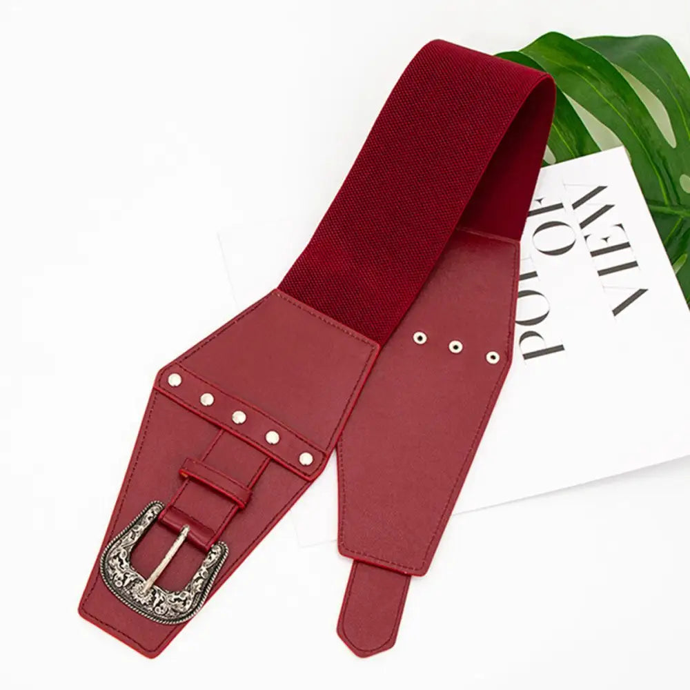 Maroon elastic belt with decorative buckle from Kirsten Belt Women’s Dresses collection