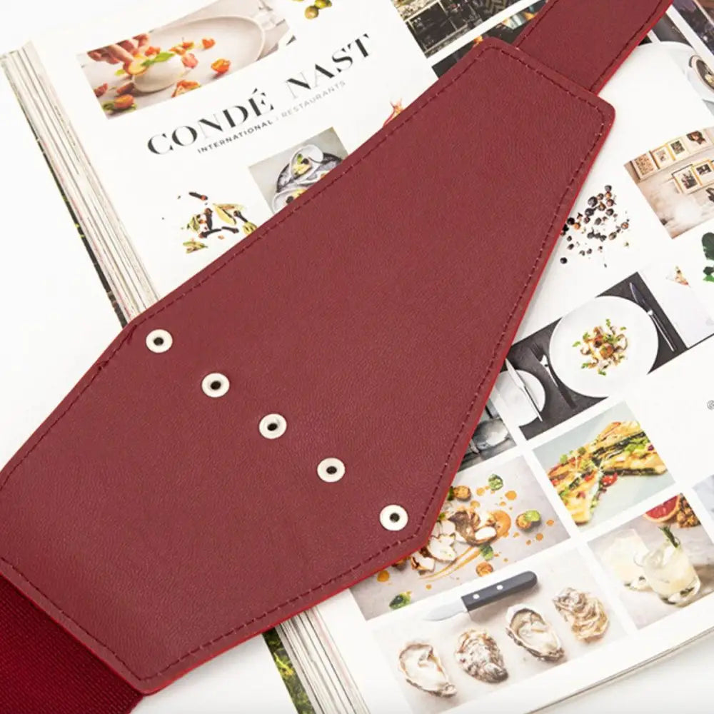 Maroon faux leather Kirsten belt with wide black corset design for women’s dresses