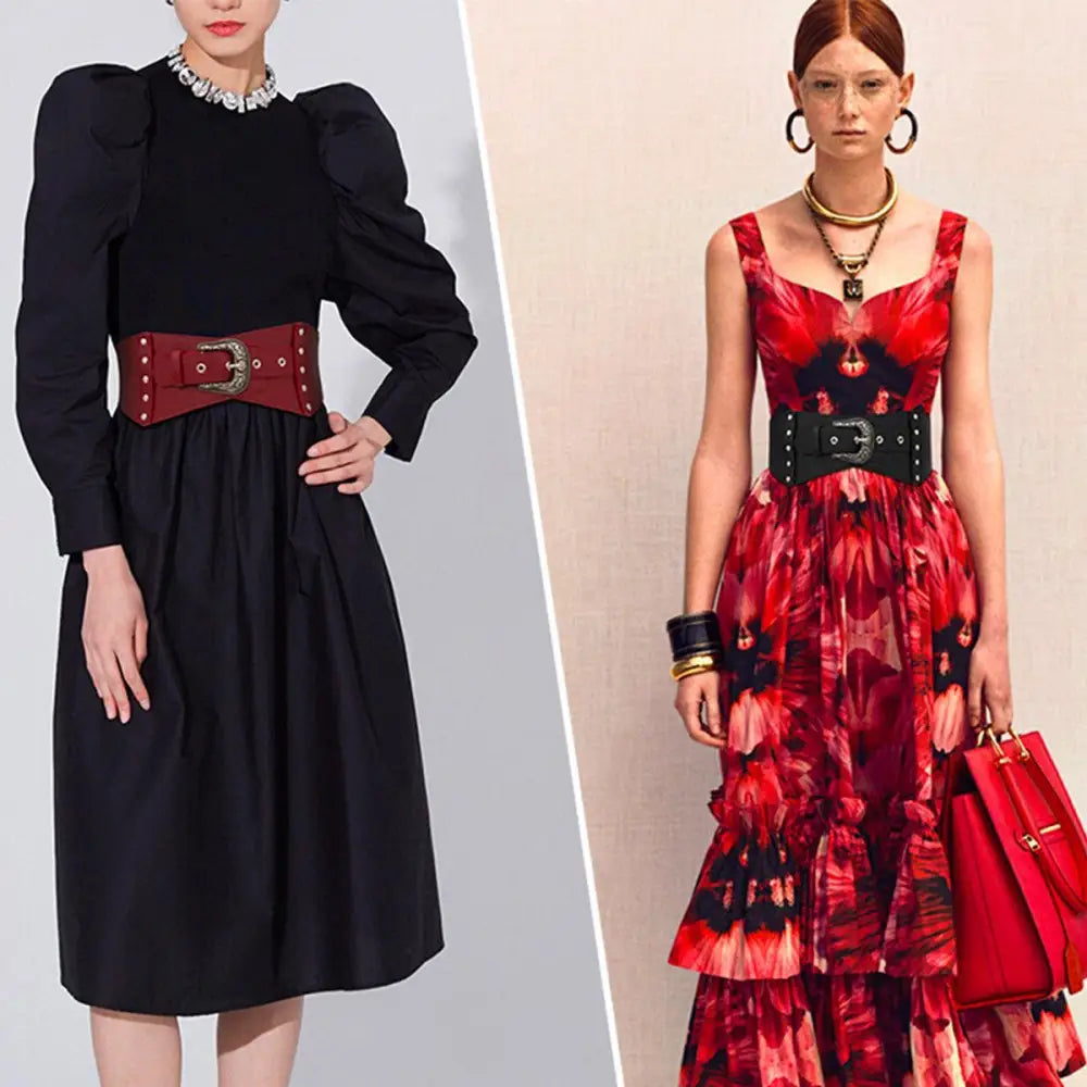 Two women wearing dresses with wide black corset belts featuring the Kirsten Belt