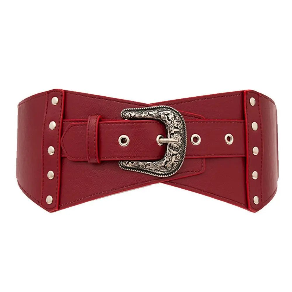 Red faux leather corset belt with silver buckle for Kirsten Belt Women’s Dresses