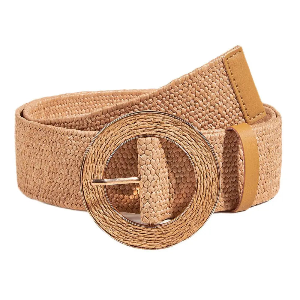 Woven Tan Straw Raffia Belt with Circular Buckle displayed in a product image